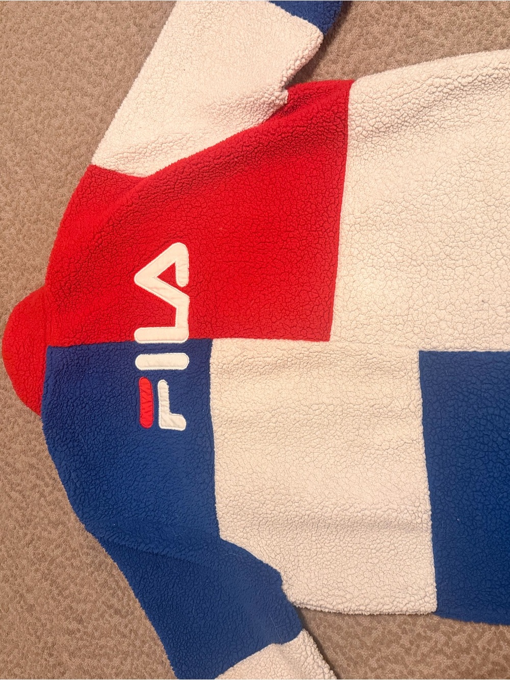 Fila Men's Colorblock Sherpa Crewneck Jacket in Red, Blue and White